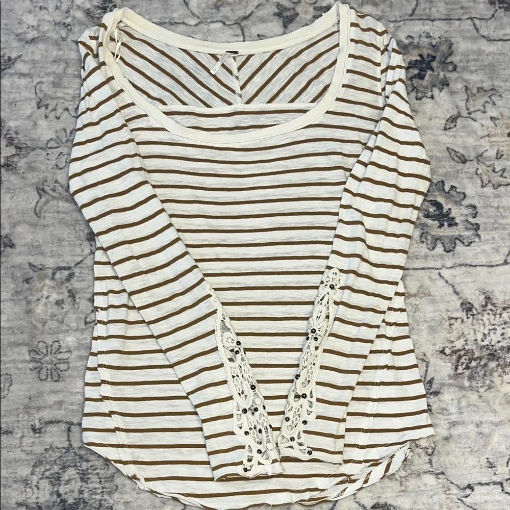 Free People Boho Lace Sleeve Striped Top Cream Soft Girl Indie long sleeved Tee